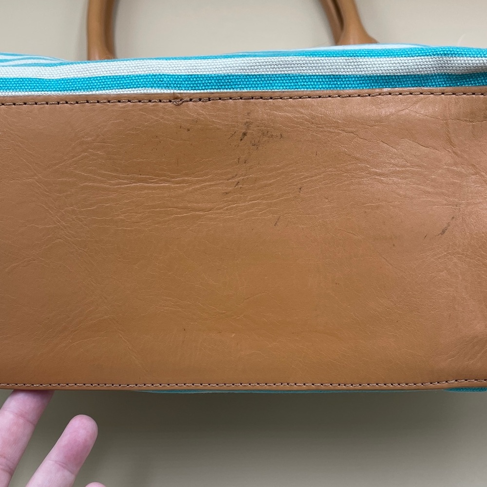 Tory Burch Turquoise and White Striped Canvas Tote with Tan Trim Beach Summer - Picture 6 of 12